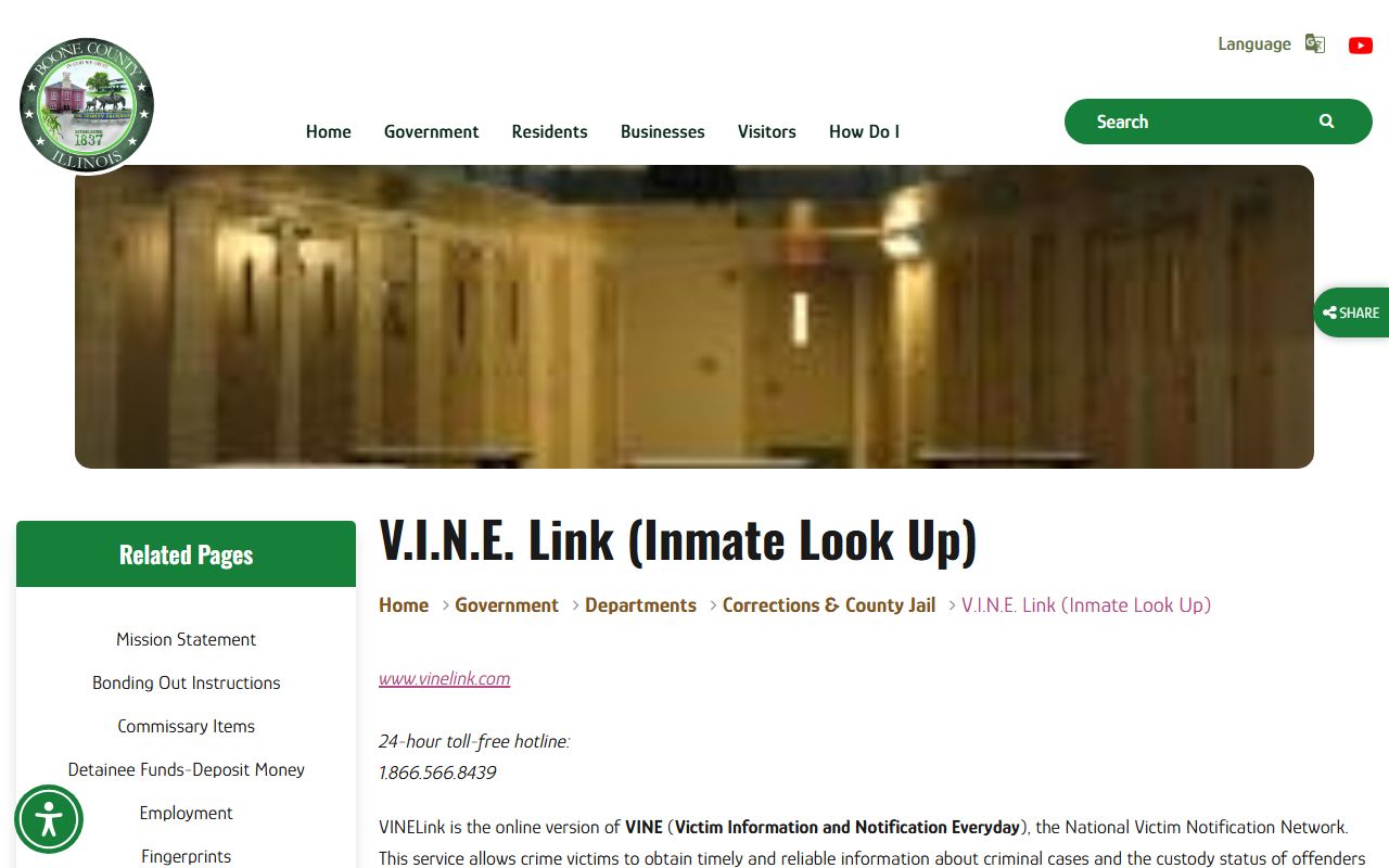 Boone County inmate population VINELink custody lookup page
